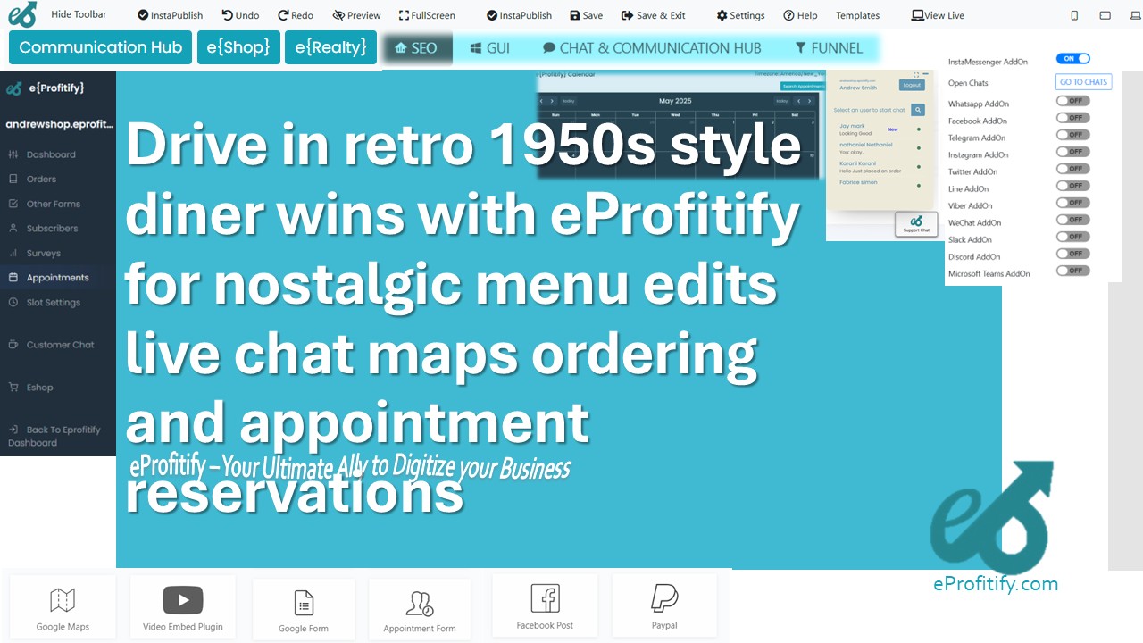 Drive in retro 1950s style diner wins with eProfitify for nostalgic menu edits live chat maps ordering and appointment reservations